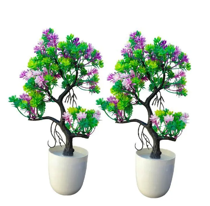 Artificial Bonsai Tree Set of 2 Green and Purple with Plastic Pots 13 Inch