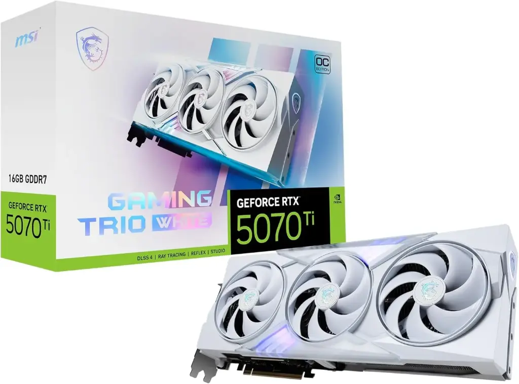 MSI Gaming RTX 5070 TI 16G Gaming Trio OC White Graphics Card (16GB GDDR7, 256-bit, Extreme Performance: 2580 MHz, DisplayPort x 3 2.1a, HDMI 2.1b, NVIDIA Blackwell Architecture)