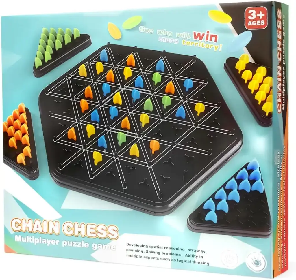 Chain Triangle Chess Game, Triangle Chess Board Game, Territory Capture Family Game, Triggle Rubber Band Game, Triggle Board Game with Rubber Band for Kids and Adults, 2 to 4 Players