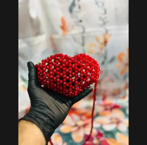 Handmade Red Beaded Luxury Bag - Heart Shape Design