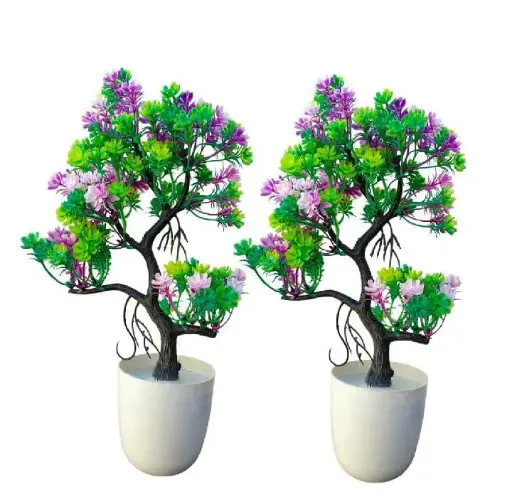 Artificial Bonsai Tree Set of 2 Green and Purple with Plastic Pots 13 Inch