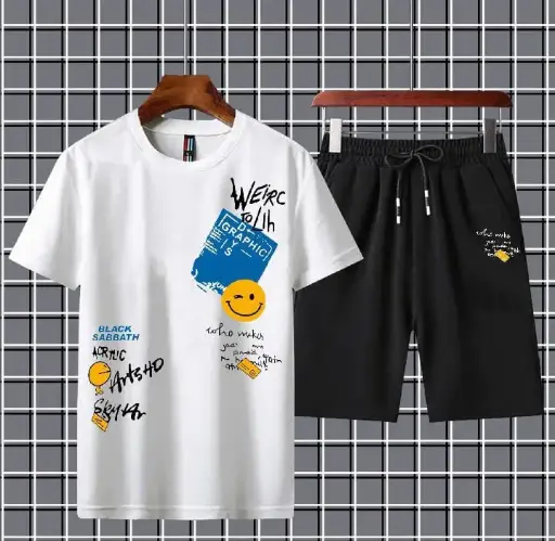 White trendy zig zag men printed tend short tracksuit for men and boys