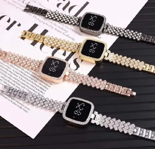 HOT DEAL NO 1 Full Diamond Touch Screen LED Watch Steel Chain with Diamonds Ladies Watches For Female Women Girl