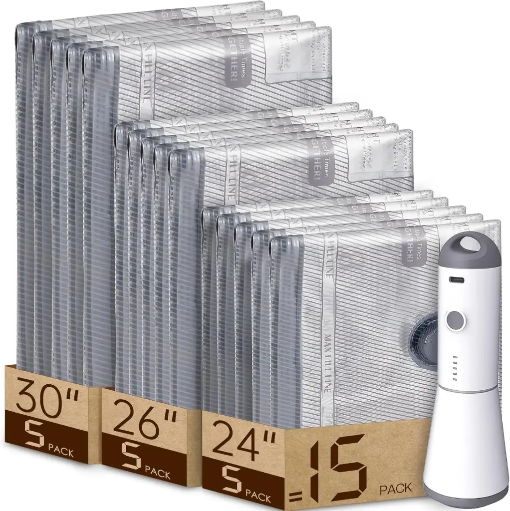 Vacuum Bags for Travel with Rechargeable air Pump, 15 Pack Carry-on Size Compression Packing Bags for Luggage and Suitcase, Space Saver for Clothes and Clothing Travel