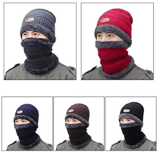 Winter Knitted Beanie Cap Neck Warmer Gloves Set For Men Women