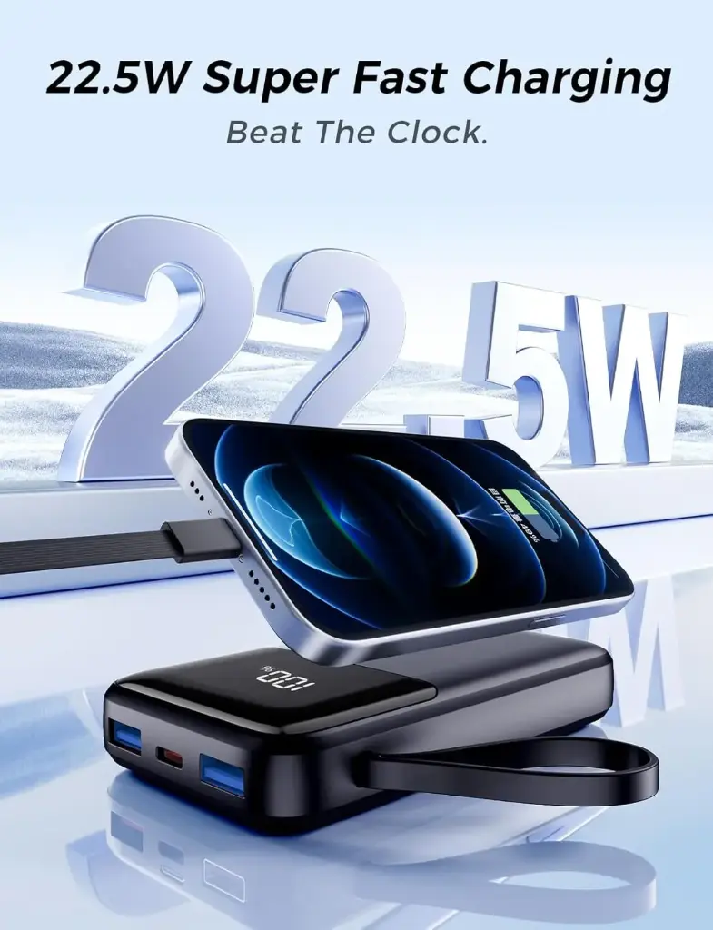 Power Bank, 15000mAh Portable Charger with Built in Cable, 22.5W Fast Charging, 6 Outputs, Slim Travel Essential Battery Pack with LED Display, Compatible with iPhone 16/15/14/13, Samsung, iPad, etc