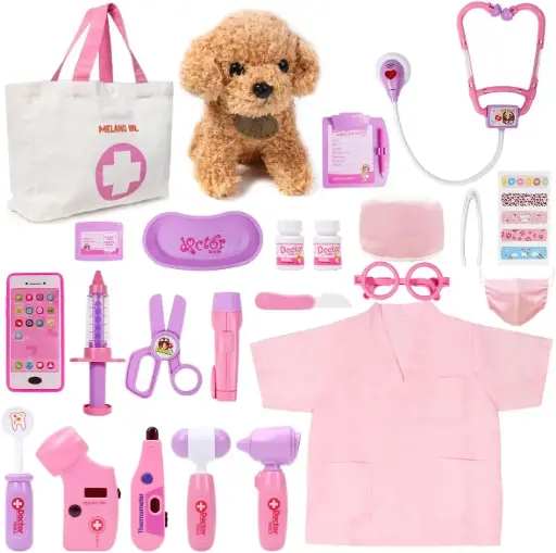 Meland Toy Doctor Kit for Girls - Pretend Play Doctor Set with Dog Toy, Carrying Bag, Stethoscope Toy & Dress Up Costume - Doctor Play Gift for Kids Toddlers Ages 3 4 5 6 Year Old for Role Play