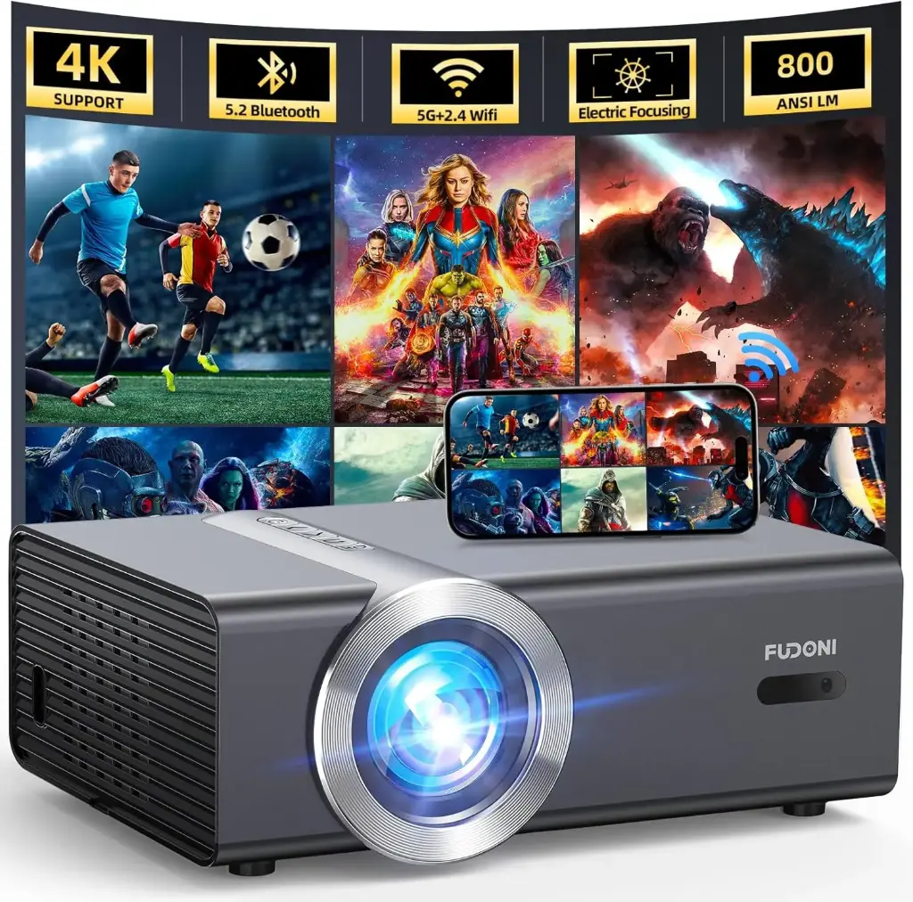[Electric Focus/Auto Keystone] Projector with WiFi and Bluetooth, Native 1080P 4K Supported,FUDONI Outdoor Movie Projector for Home Theater UP to 300", for iOS/Android/Laptop/TV Stick/HDMI/USB