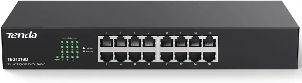 Tenda TEG1016D, Unmanaged 16 Port Gigabit Switch, Rackmount Ethernet Switch, Plug & Play, Fanless & Metal Design Network Switch, Limited Lifetime Protection