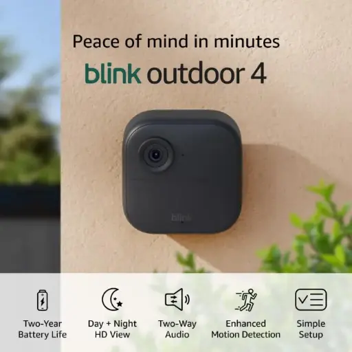 Blink Outdoor 4 (newest model) – Wireless smart security camera, two-year battery life, 1080p HD day and infrared night live view, two-way talk. Sync Module Core included – 2 camera system