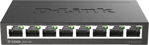 D-Link DGS 108 8 Port Gigabit Ethernet Switch Unmanaged, Plug & Play Network Splitter Silent Fanless Metal Desktop/Wall Mount QoS, IEEE 802.3az Energy Saving Limited Lifetime Protection