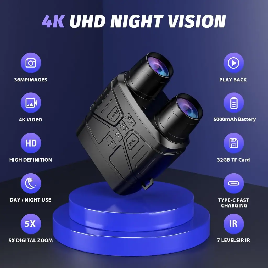 Night Vision Goggles - 4K Night Vision Binoculars with 5000mAh Rechargeable Battery, 32GB TF Card can Save Photo and Video, 3'' HD Screen for Camping & Security, Black