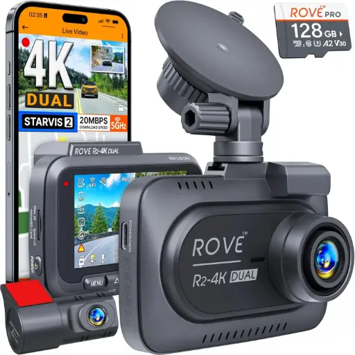ROVE R2-4K Dual Dash Cam with 4K Front/Rear, 128GB Card, 5G WiFi, and Parking Mode.