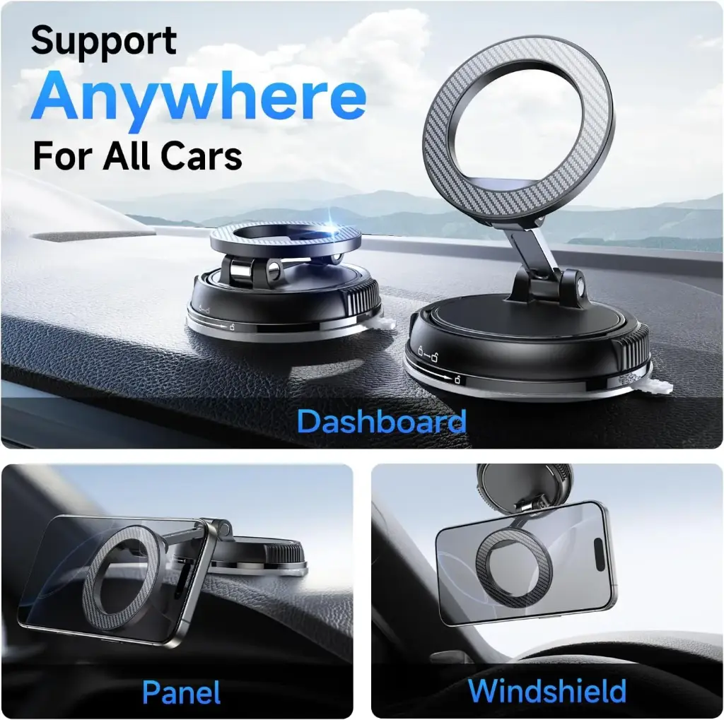 Car Phone Holder for Magsafe with Strong Suction, Magnetic Grip, and 360° Adjustability.